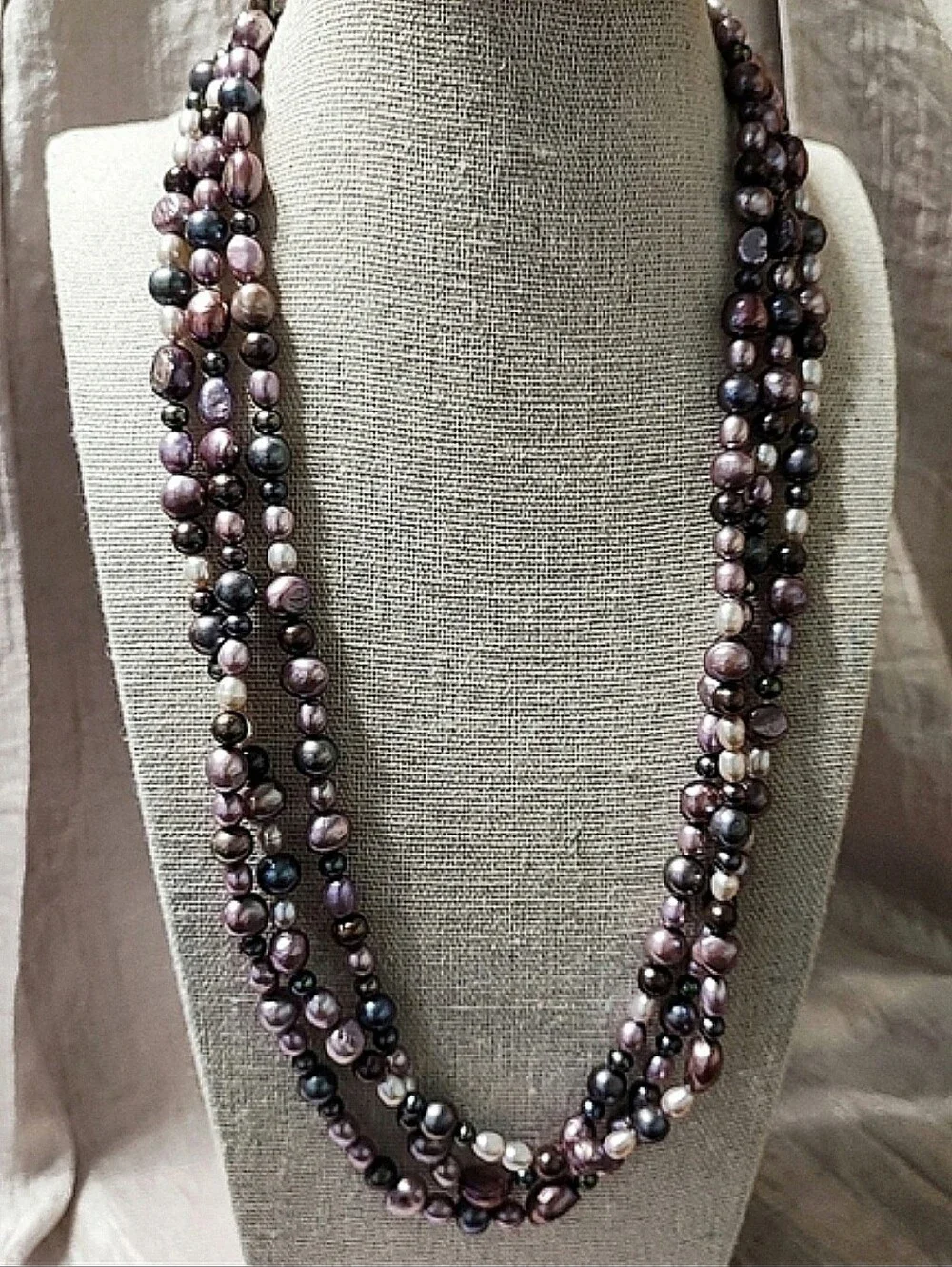 Peacock Freshwater Glass Pearls Gray Purple Lavender Cream Long Strand Necklace